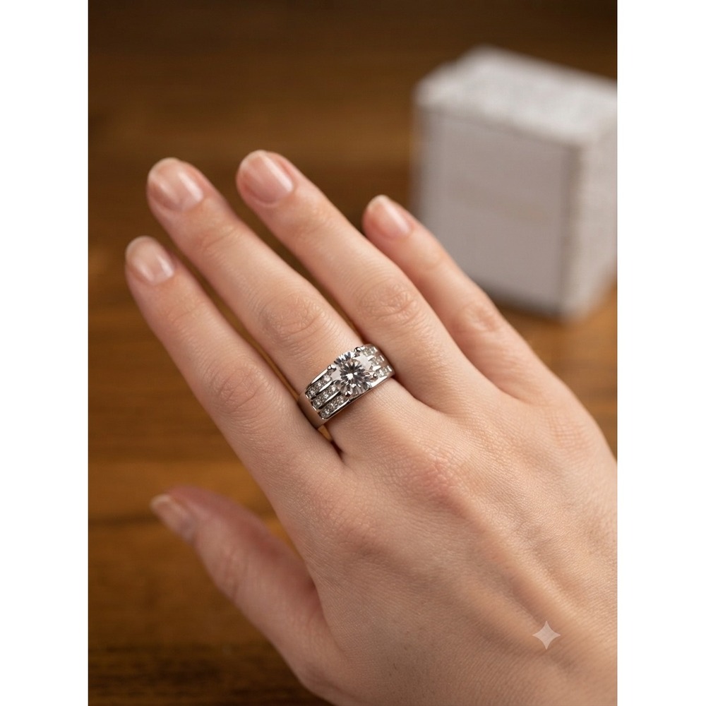 Charter Club Silver Tone Cubic Zirconia 3-Row Round Center Statement Ring Size 9